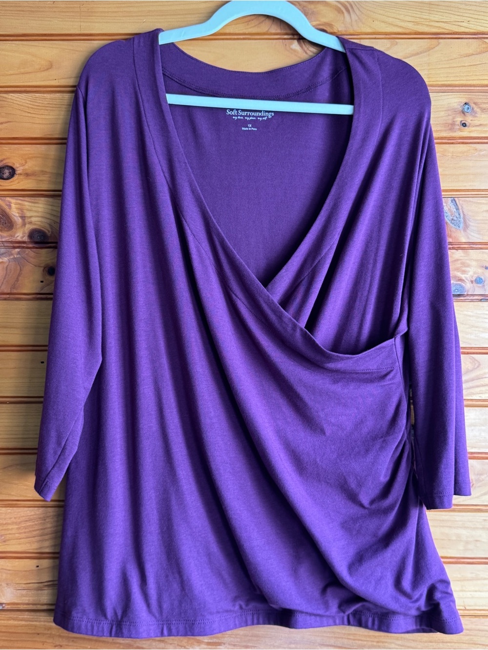 Soft Surroundings Faux Wrap Top 1X Purple Ruched Draped 3/4 Sleeve Stretch